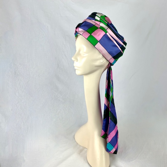 1960s Mr Ken Turban and Matching Scarf M Pink Purple Green Color Block Excellent main image 9